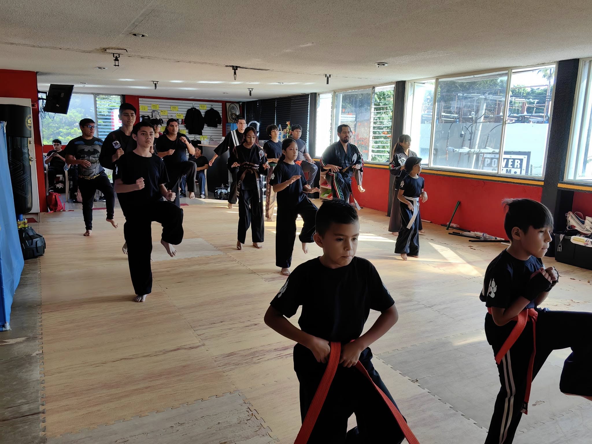 Sesión de fitness funcional y patada marcial en el dojo